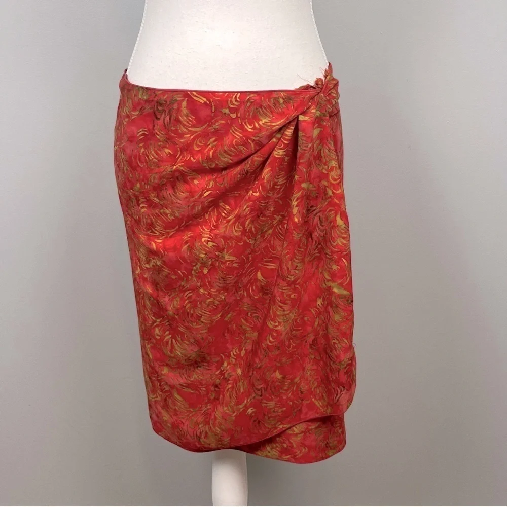 Coral & green batik print fringed lightweight sarong wrap.